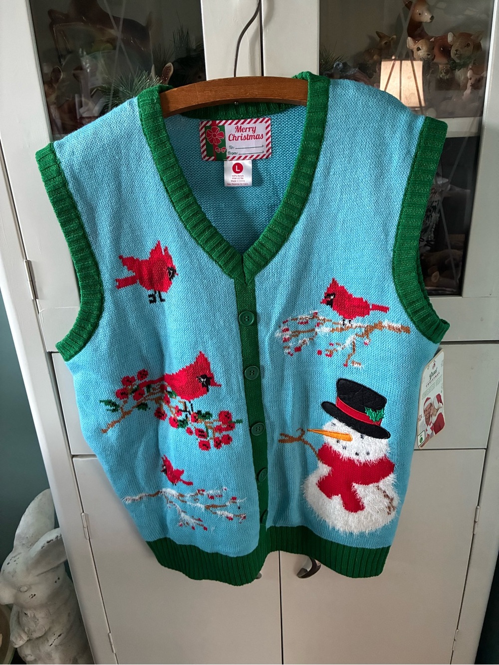 Merry Christmas sz L Cardigan Sweater Vest with Cardinals & Snowman nwt